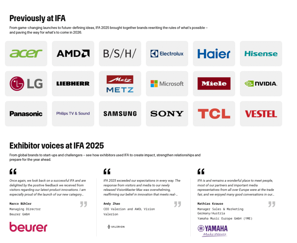 拼图式画面,上半部分为17个国际品牌Logo矩阵(含Acer、AMD、海尔、海信、三星、索尼、TCL等)。下半部分为三位展商高管的引用语,分别来自Beurer董事总经理、Valerion CEO、Yamaha德国销售总监,均对IFA的观众质量、媒体覆盖和商务洽谈效果给予高度评价。